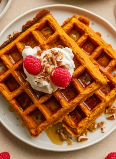 Plate of fluffy sweet potato waffles topped with maple syrup and nuts.
