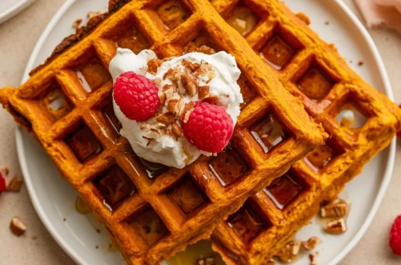 Plate of fluffy sweet potato waffles topped with maple syrup and nuts.