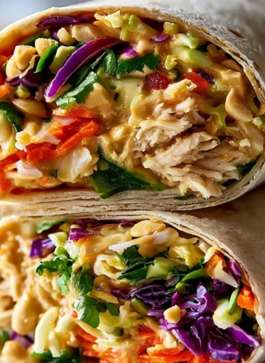 Thai Peanut Chicken Wraps garnished with vegetables and peanut sauce