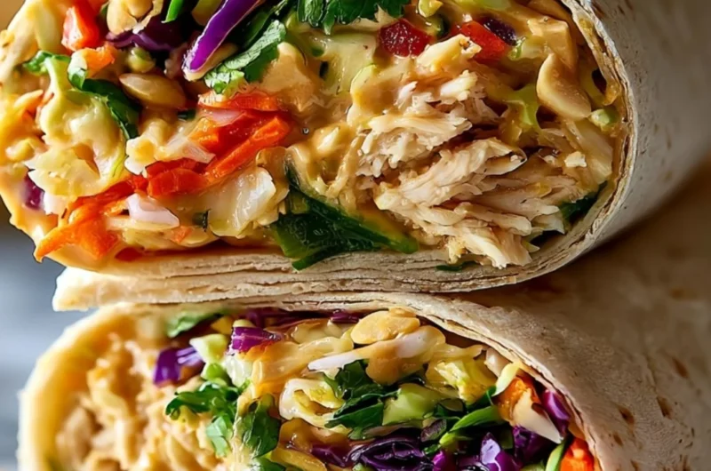 Thai Peanut Chicken Wraps garnished with vegetables and peanut sauce