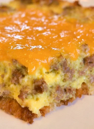 Delicious breakfast casserole with eggs, cheese, and vegetables baked to perfection