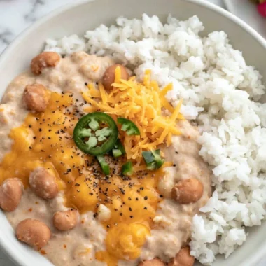 Delicious cheesy pinto beans served in a bowl