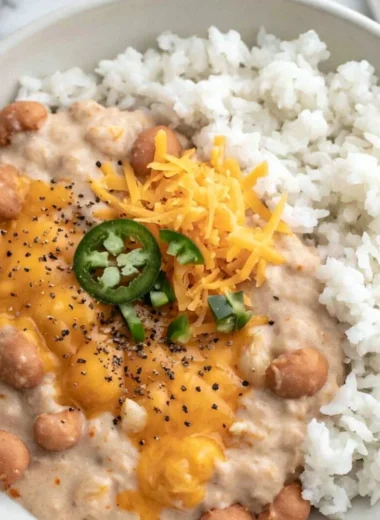Delicious cheesy pinto beans served in a bowl