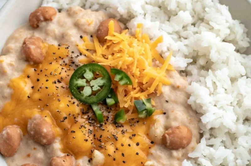 Delicious cheesy pinto beans served in a bowl