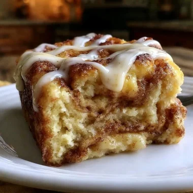 Delicious cinnamon roll coffee cake topped with icing and cinnamon.