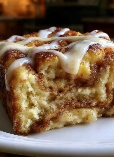 Delicious cinnamon roll coffee cake topped with icing and cinnamon.