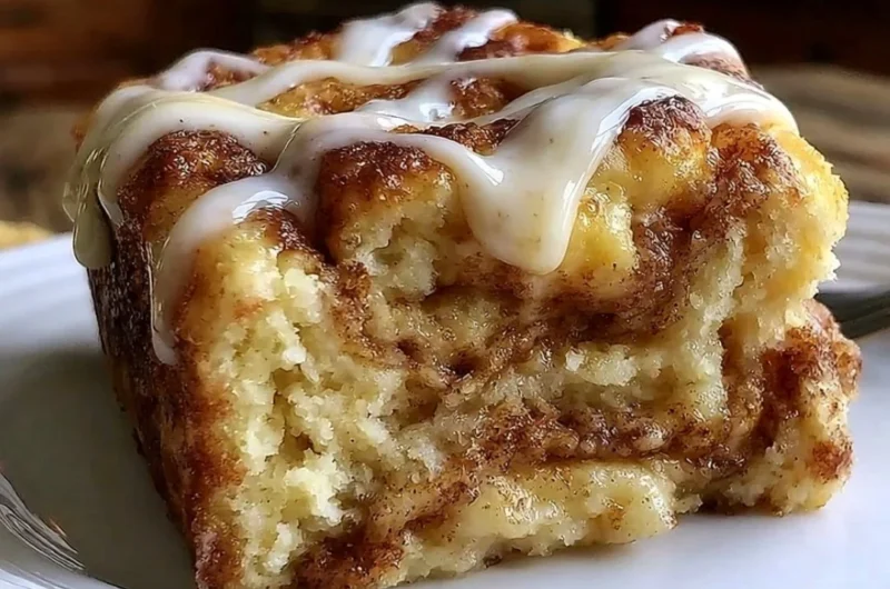 Delicious cinnamon roll coffee cake topped with icing and cinnamon.