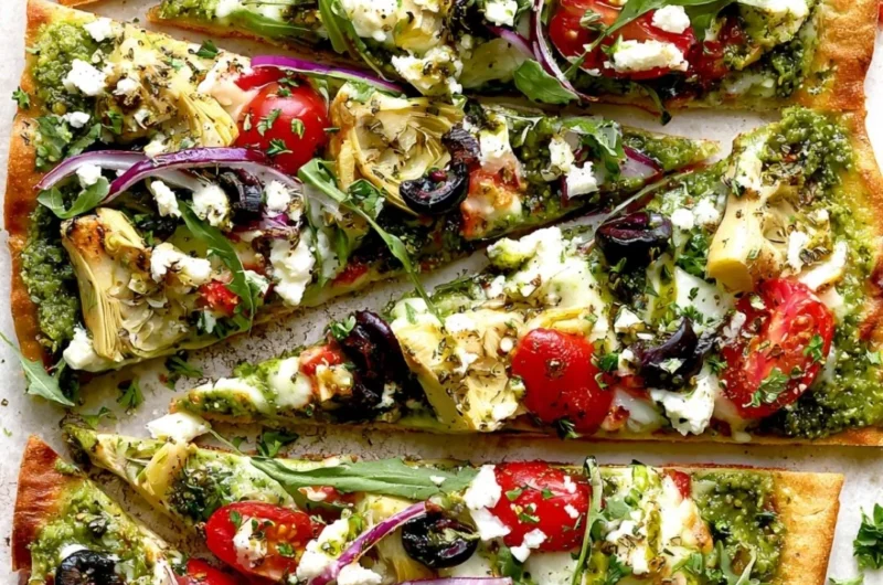 Delicious Mediterranean Flatbread Pizza topped with fresh vegetables and herbs