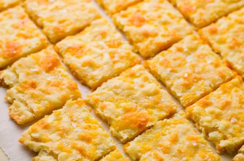 Plate of homemade sourdough crackers topped with cheddar cheese