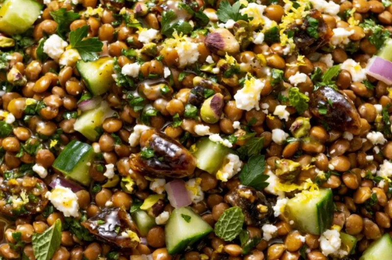 A vibrant Lentil Salad with Feta cheese, herbs, and vegetables in a bowl.