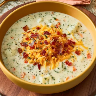 Bowl of old-fashioned potato soup garnished with herbs and bacon