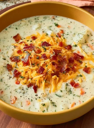 Bowl of old-fashioned potato soup garnished with herbs and bacon