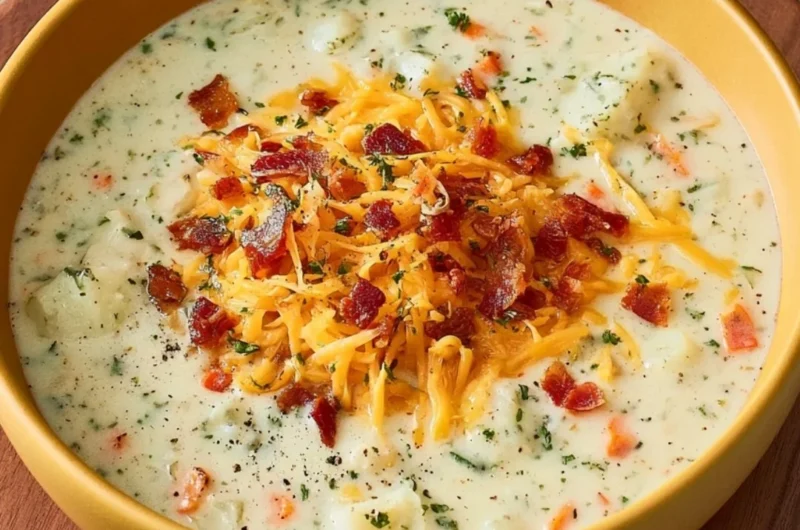 Bowl of old-fashioned potato soup garnished with herbs and bacon