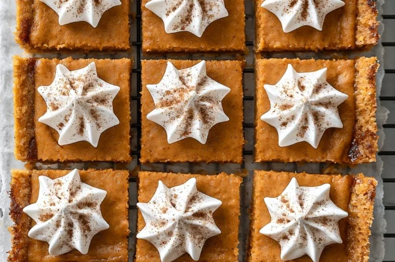 Delicious Pumpkin Pie Bars topped with whipped cream and spices