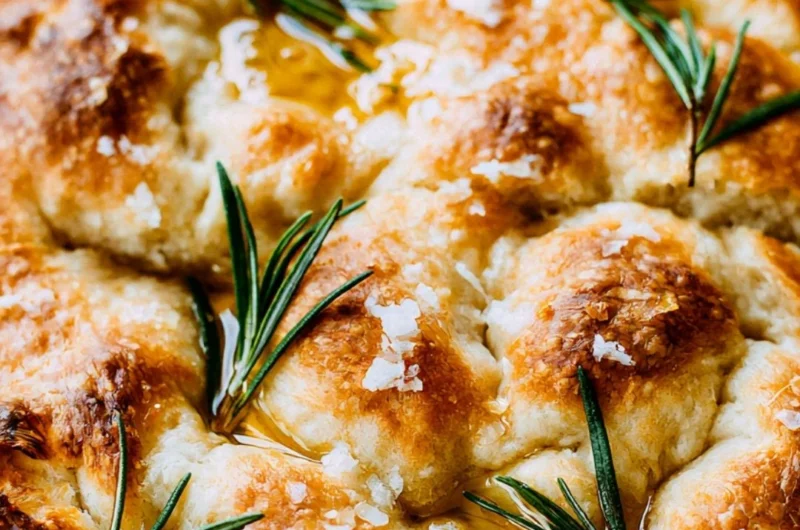 Freshly baked same day sourdough focaccia bread with herbs and olive oil