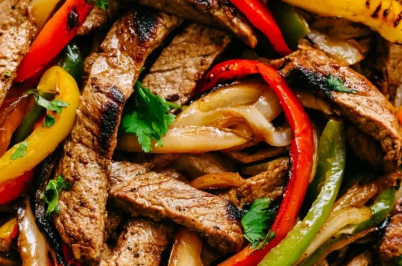 Delicious skillet steak fajitas with peppers and onions served on a plate.