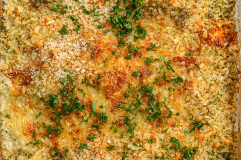 Baked white beans with pesto in a ceramic dish, garnished with fresh herbs.