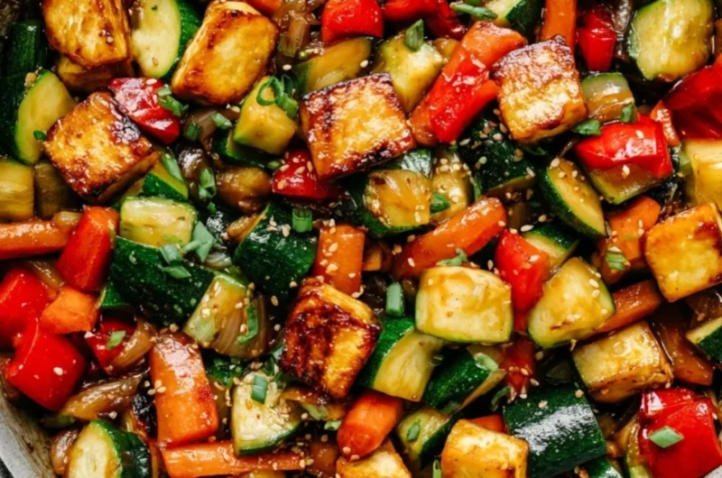 Delicious vegan zucchini stir fry with tofu and colorful vegetables in a bowl.
