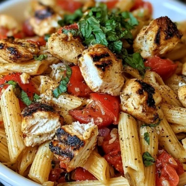Bruschetta Chicken Pasta served with fresh basil and tomatoes