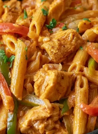 Creamy Chicken Fajita Pasta dish with colorful peppers and chicken on a plate