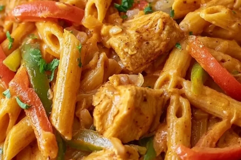 Creamy Chicken Fajita Pasta dish with colorful peppers and chicken on a plate