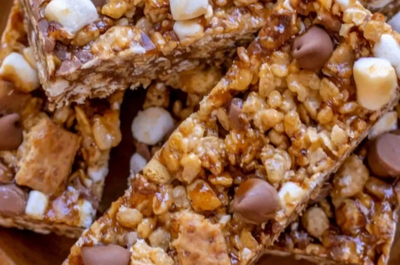 Homemade granola bars filled with nuts and dried fruits on a wooden table