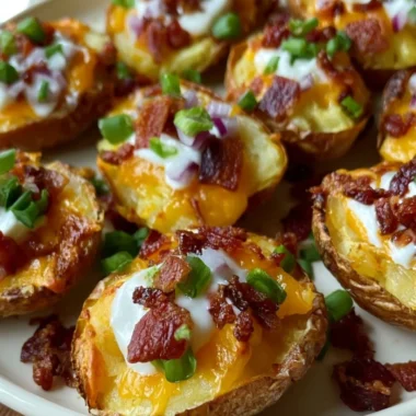 Loaded mini potato bites topped with cheese and herbs for a tasty snack
