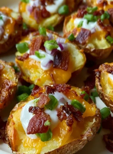 Loaded mini potato bites topped with cheese and herbs for a tasty snack