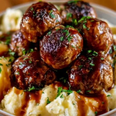 Salisbury steak meatballs served with garlic herb mashed potatoes on a plate