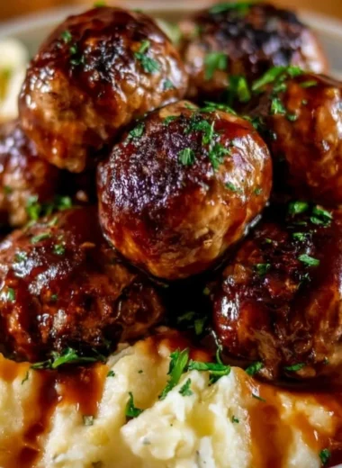 Salisbury steak meatballs served with garlic herb mashed potatoes on a plate