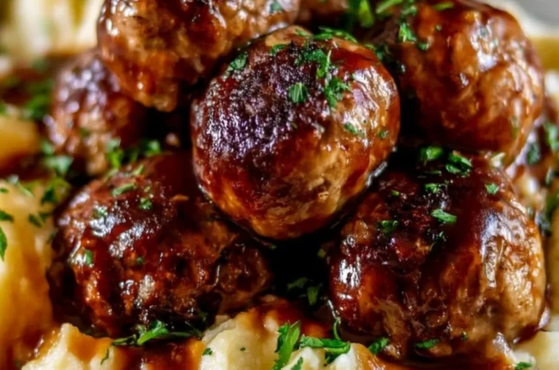 Salisbury steak meatballs served with garlic herb mashed potatoes on a plate